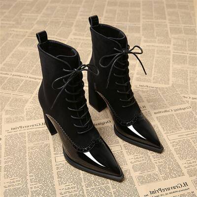 香港气质高跟马丁靴女秋冬2025新款尖头真皮黑色英伦覆古系带短靴