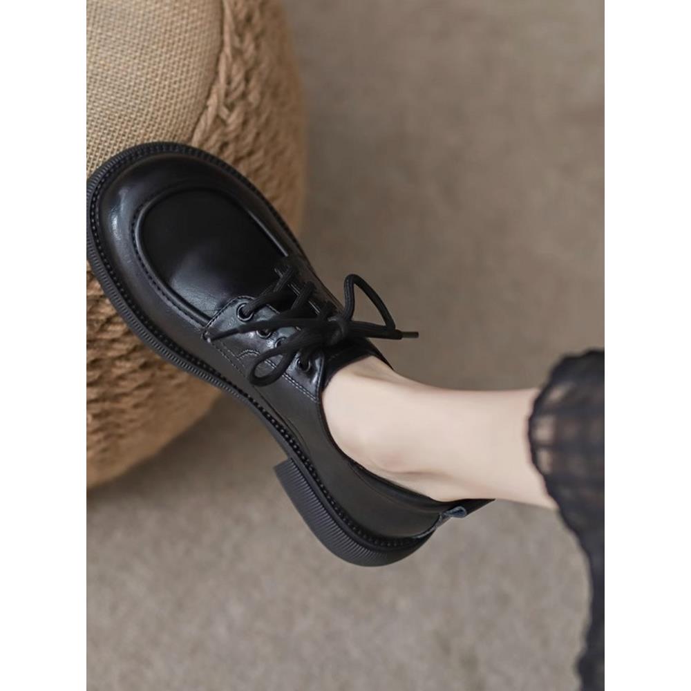 香港真皮小皮鞋女英伦风2025年秋季新款学院日系百搭厚底软底黑色