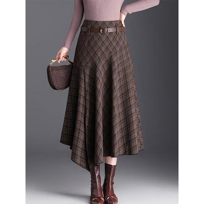 不规则毛呢格子半身裙女2025秋冬新款高腰显瘦a字裙中长款休闲裙