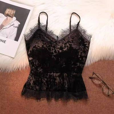 金丝绒蕾丝吊带背心女带胸垫美背文胸一体内搭打底衫抹胸外穿上衣