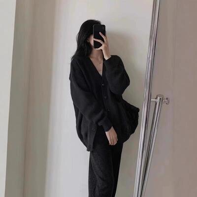 RIGHT SINI黑色羊毛针织开衫女秋冬慵懒风宽松中长款羊绒毛衣外套