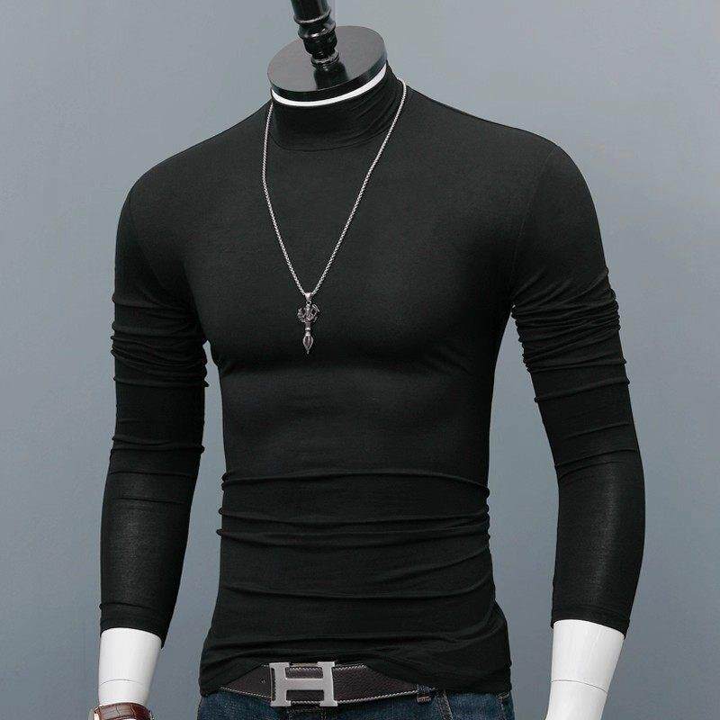 潮牌莫代尔长袖T恤男士秋冬薄款中领打底衫内搭纯色修身弹力大码