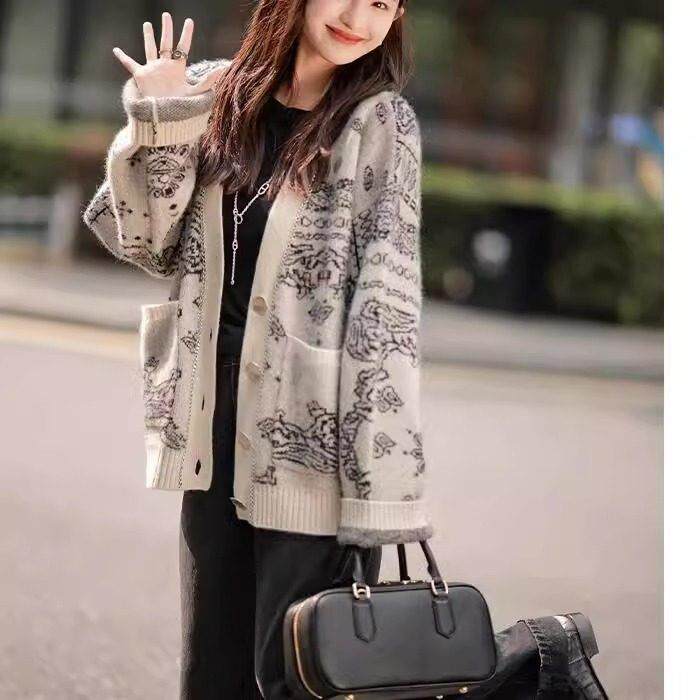 欧洲站2024秋冬新款轻奢女装高级感针织衫上衣慵懒风毛衣开衫外套