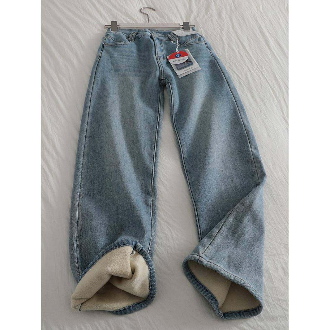 韩国东大门浅蓝色弹力直筒牛仔长裤女冬保暖加绒加厚覆古牛仔裤潮