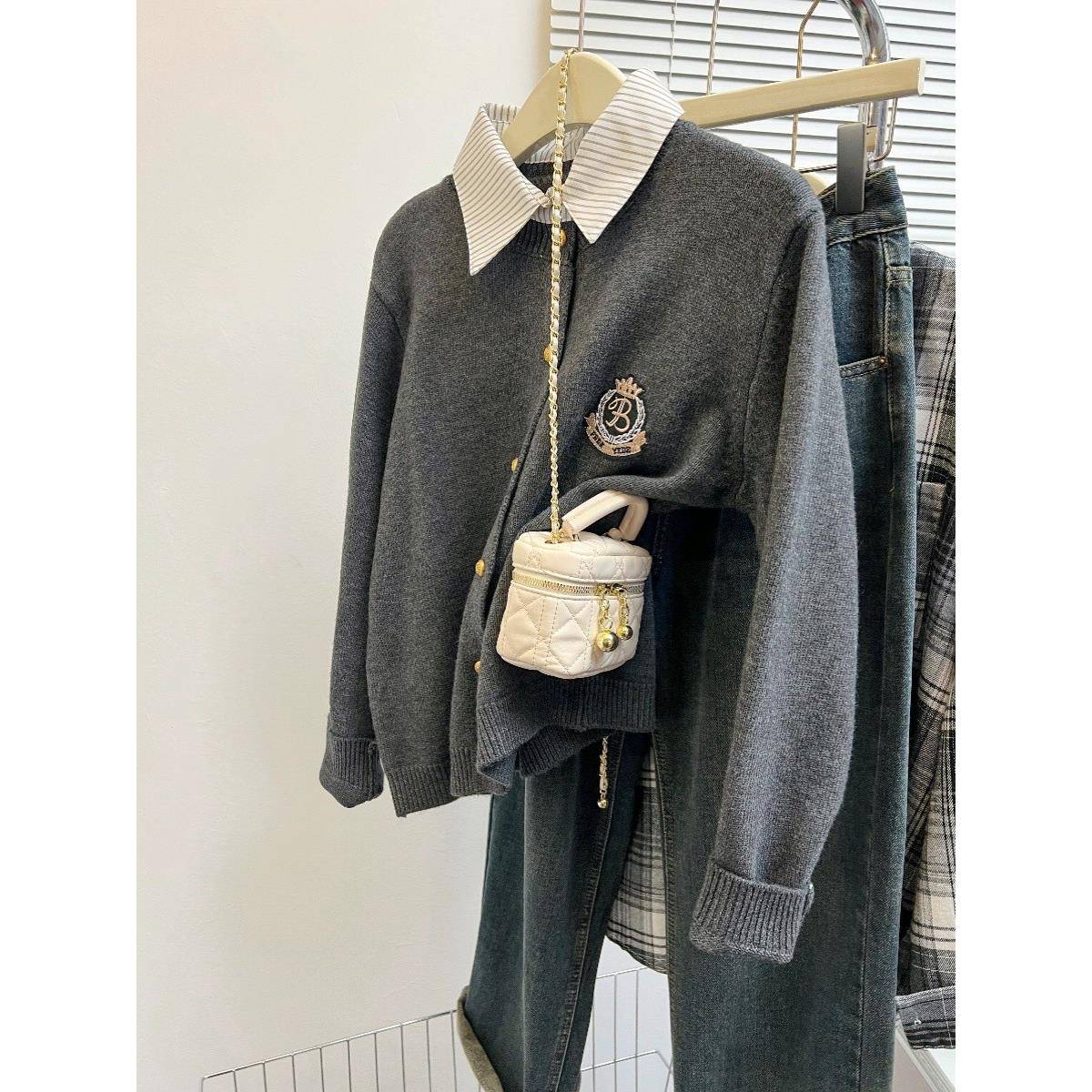 韩国假两件针织衫女春秋外搭衬衫领灰色毛衣开衫外套学院风上衣