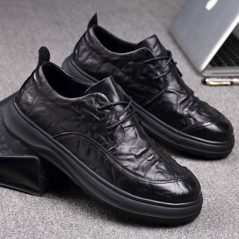 潮牌2025秋季休闲皮鞋男春秋头层商务男鞋百搭厚底宽脚男士休闲鞋