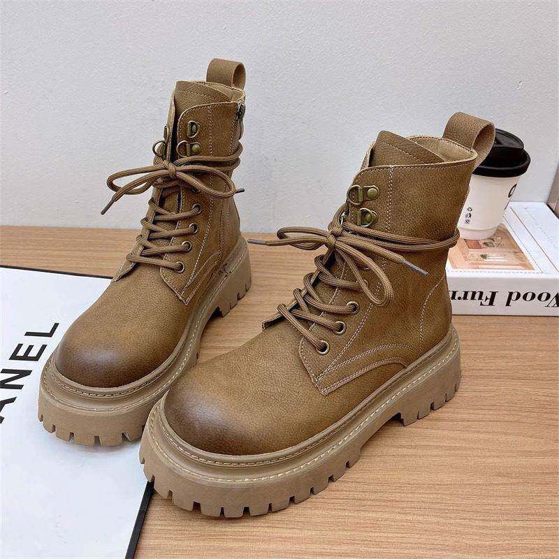 真皮复古系带马丁靴女秋季新款厚底机车短靴英伦风时尚工装大黄靴