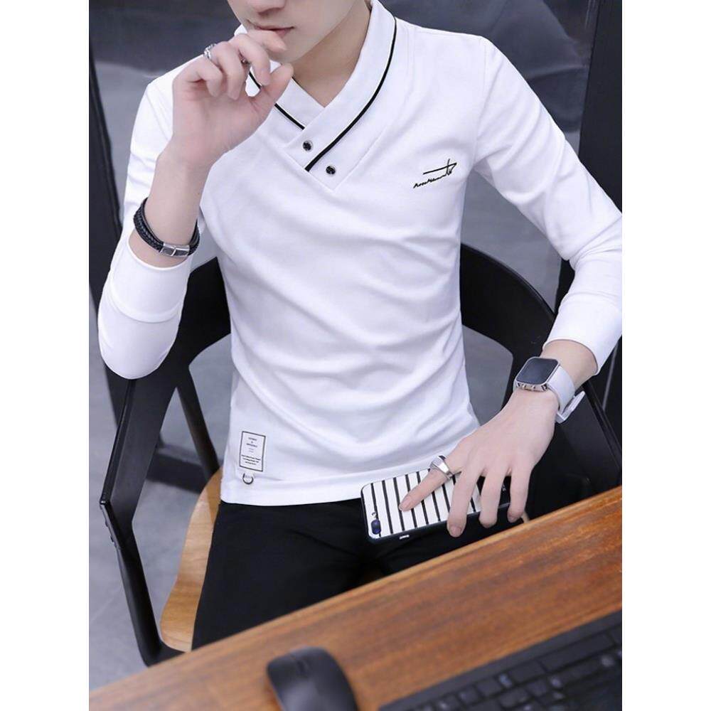 潮牌v领长袖t恤男士春秋季新款白色打底衫潮流卫衣男装外套上衣服