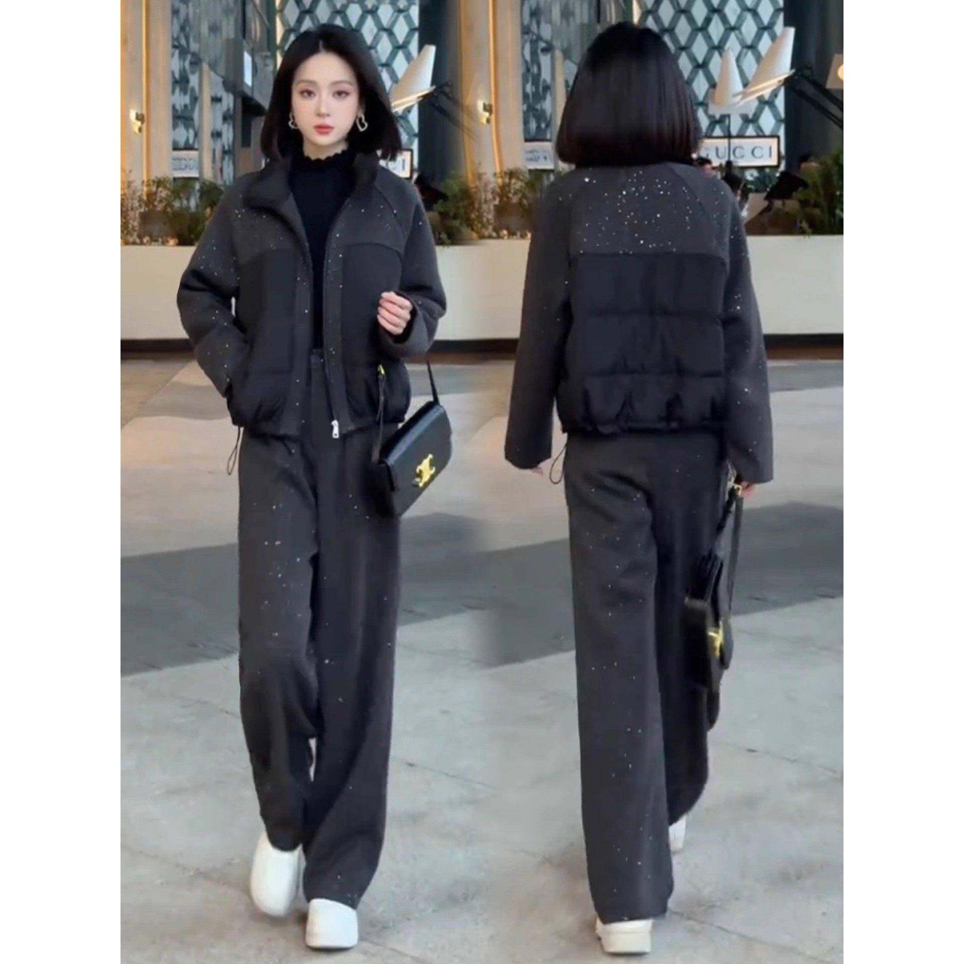香港代购时尚套装女冬季新款亮片毛呢拼接棉服外套阔腿裤两件套潮