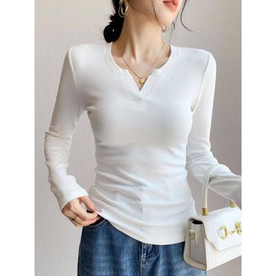 韩国打底衫女内搭2025新款秋冬V领长袖正肩t恤修身小众设计感上衣
