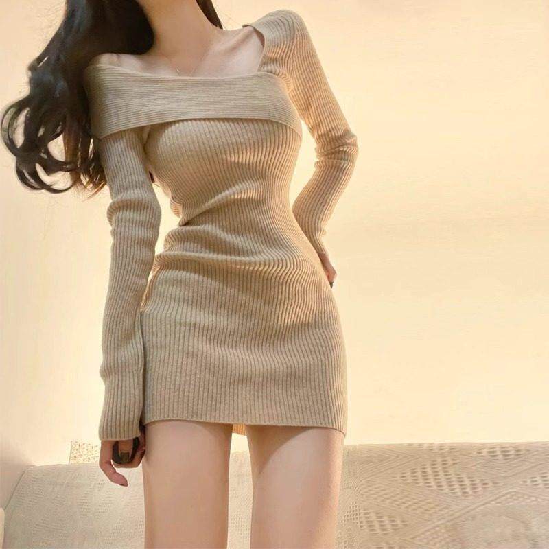 欧洲站秋装女2025新款性感一字肩修身包臀裙小个子长袖针织连衣裙