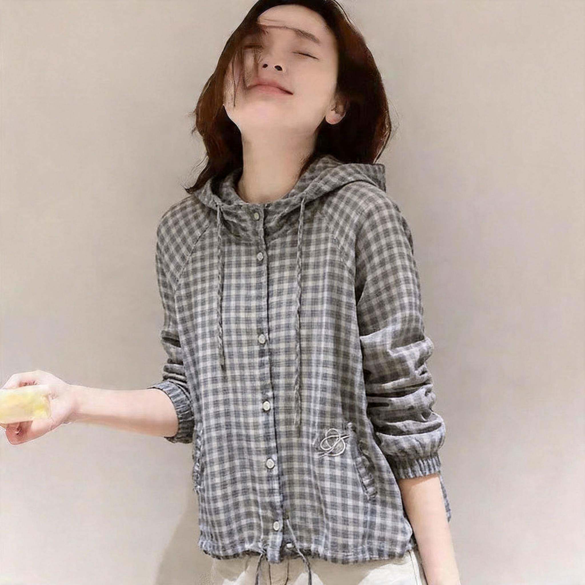 韩系复古格子连帽外套女春夏新款薄款空调衫宽松百搭休闲防晒上衣