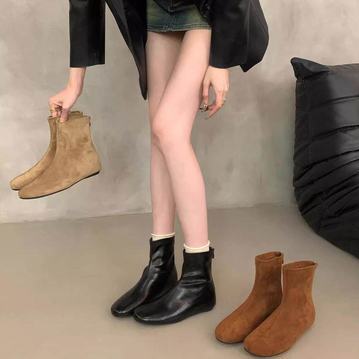 香港内增高小个子绒面圆头瘦瘦短靴女2025年新款冬季小踝靴马丁靴