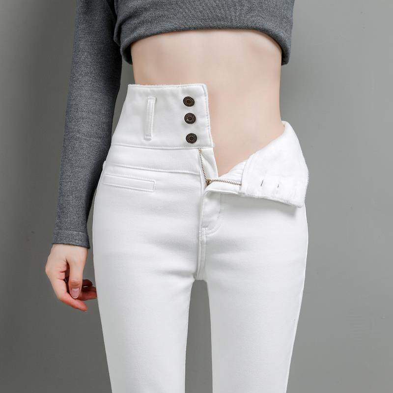 白色超高腰牛仔裤女2025新款春秋弹力紧身小脚女裤排扣铅笔长裤子