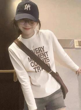 韩国Honey koko⭐2025正肩圆领纯棉长袖t恤女时尚白色打底衫上衣