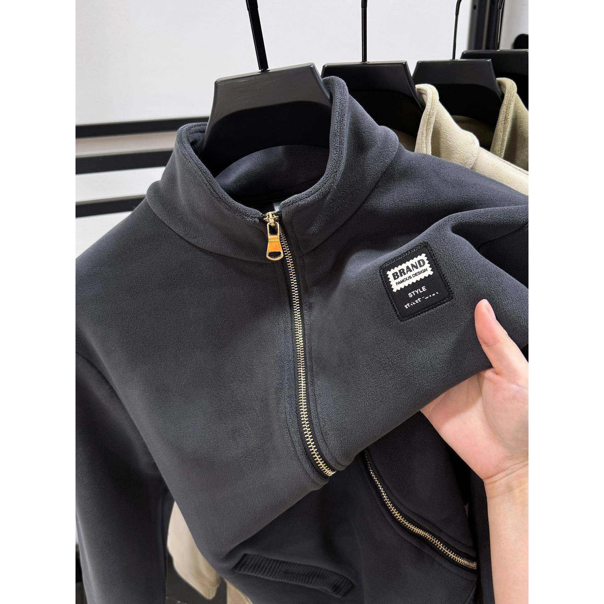 MAROLIO~加绒加厚奥粒绒拉炼开衫男秋冬装双面绒保暖立领外套上衣