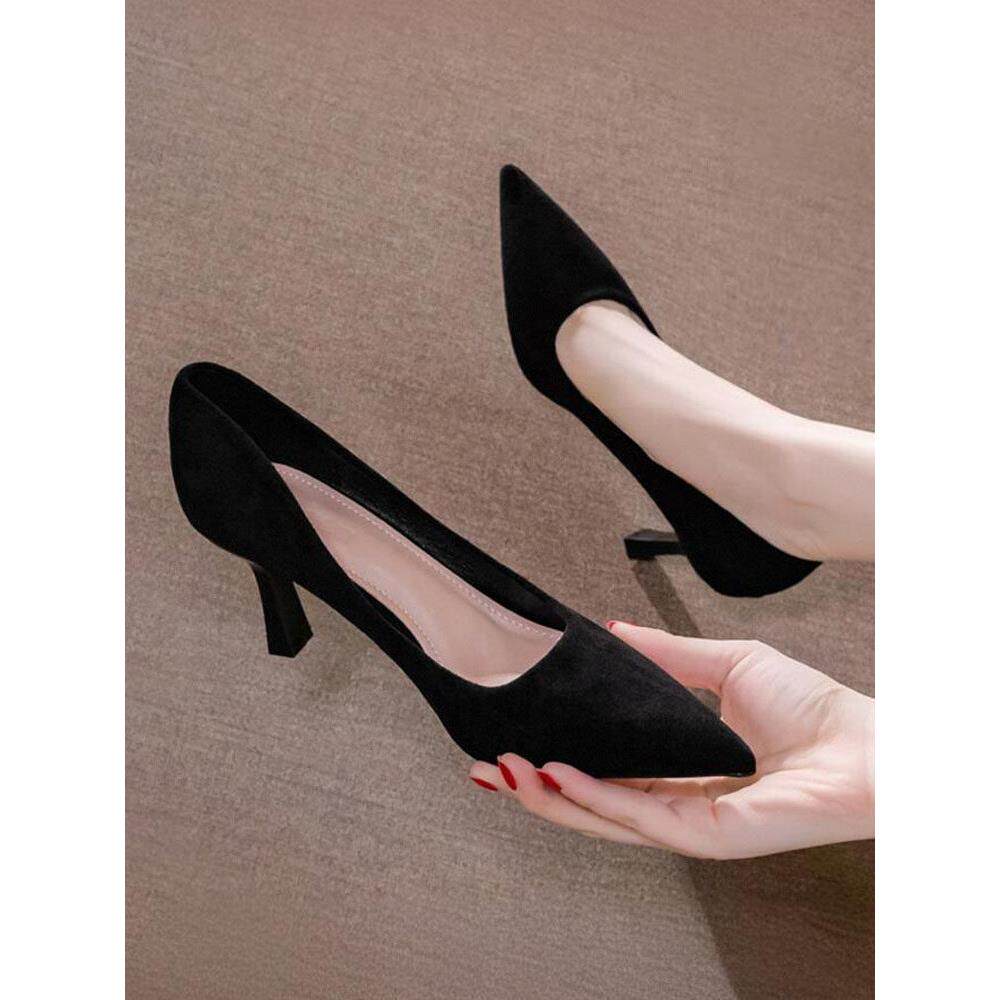 港风轻奢新款~尖头细跟高跟鞋女春秋不累脚黑色真皮浅口职业单鞋