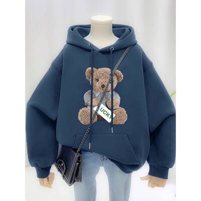 韩系美式覆古潮小熊卫衣女秋冬oversize加绒加厚大码宽松连帽外套