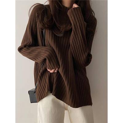 咖色羊绒毛衣女春秋季胖mm中长款宽松慵懒风半高领羊毛针织打底衫