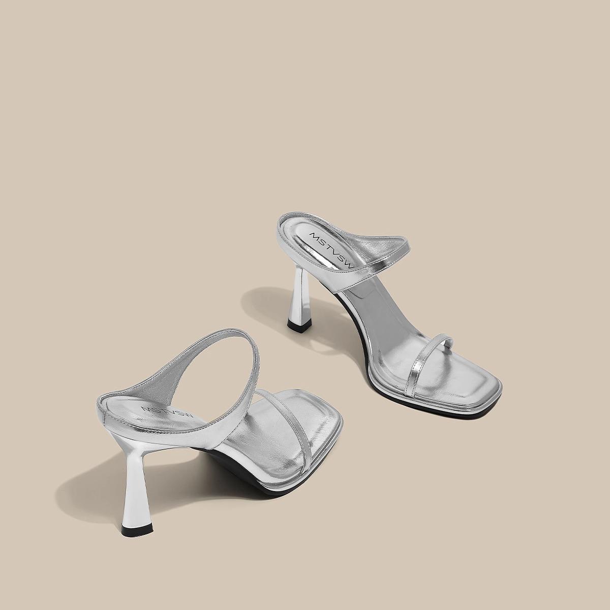 Craes Kally时尚时髦！法国高端银色高跟鞋配方趾细跟凉鞋