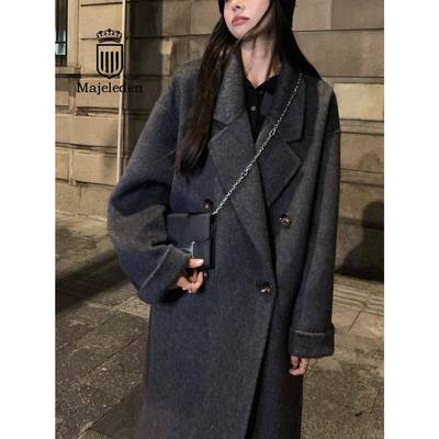 正品2025秋冬新款黑灰色双面羊绒大衣女中长款高级感羊毛呢子外套