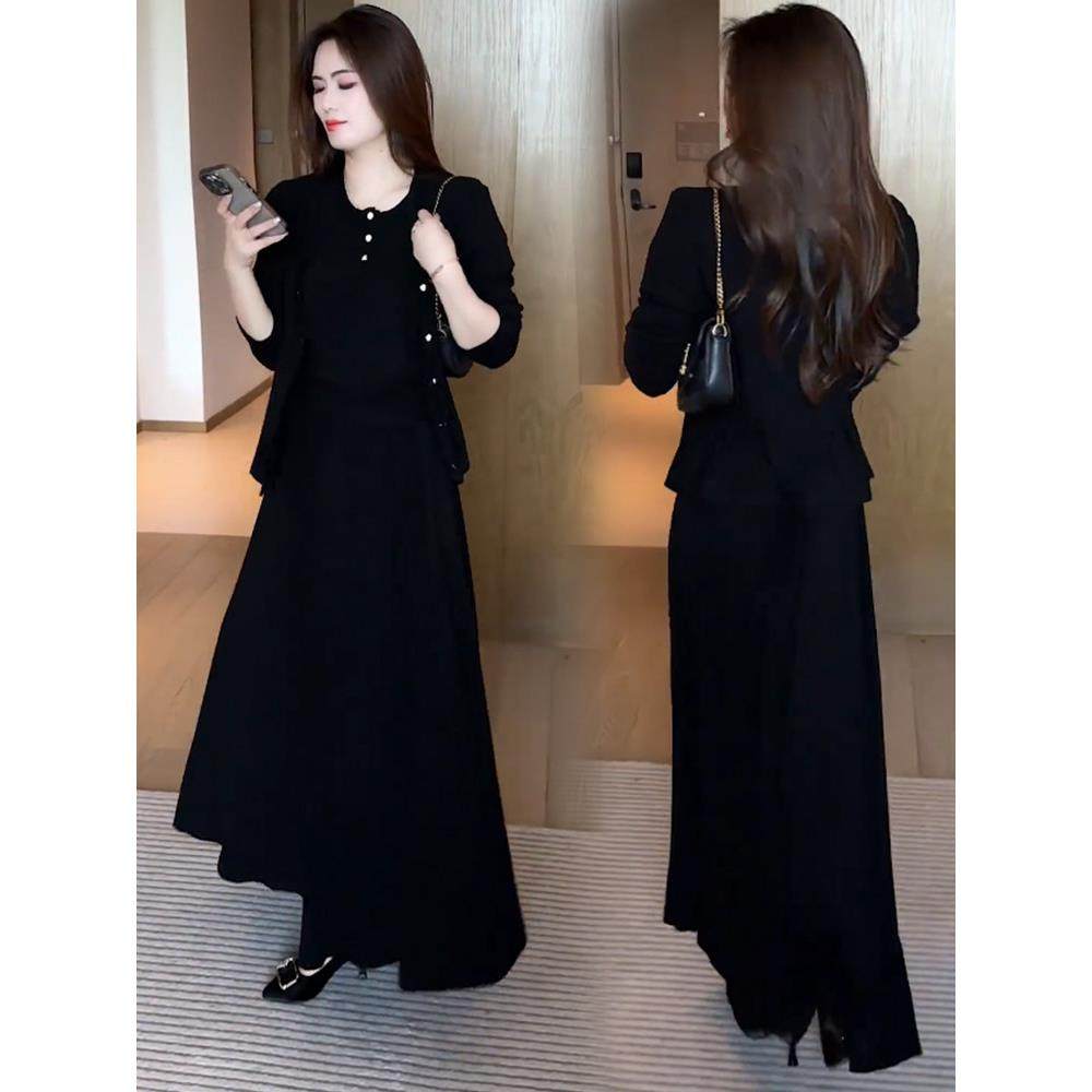 香港代购时尚连衣裙套装女春秋新款洋气显瘦开衫半身裙减龄三件套