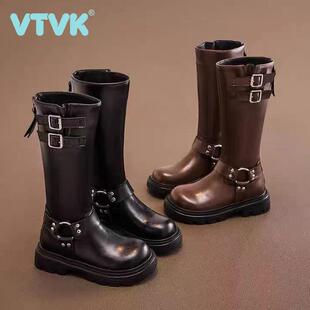 VTVK真皮女童儿童长靴子2025秋冬款 长筒高筒牛仔洋气加绒皮靴 新款