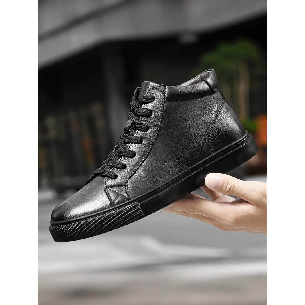 黑色高帮板鞋男真皮加绒保暖棉鞋平底潮流头层牛皮休闲男鞋大码45