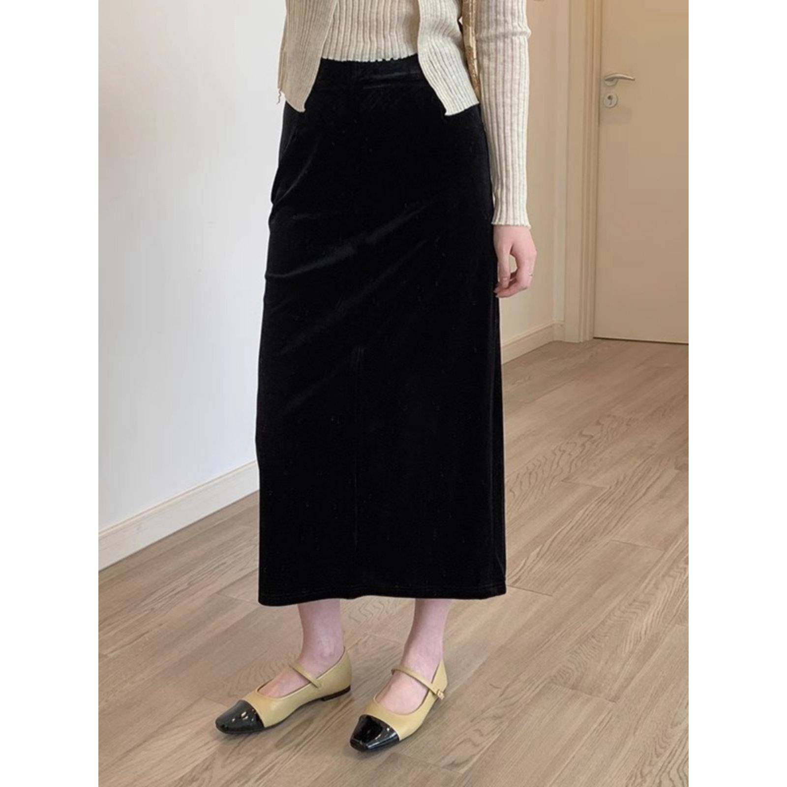 韩国丝绒直筒裙半身裙女秋冬新款金丝绒长裙半裙气质修身包臀裙子