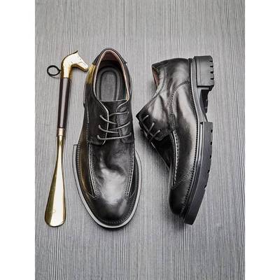 皮鞋男款2025新款透气商务正装系带增高厚底圆头休闲皮鞋男士真皮