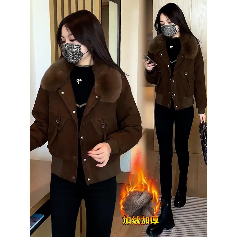 潮牌加绒加厚牛仔短外套女冬季新款洋气显瘦小个子毛领派克棉服潮