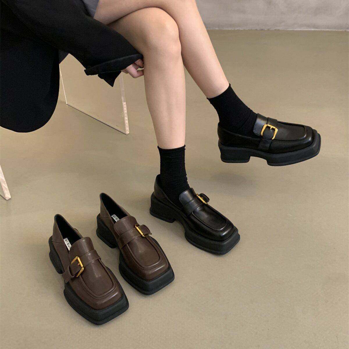 潮牌增高厚底乐福单鞋女2025春秋新款复古方头粗跟小皮鞋女英伦风,女鞋,深口单鞋,淘宝优惠券,粉丝福利购,淘宝优惠卷