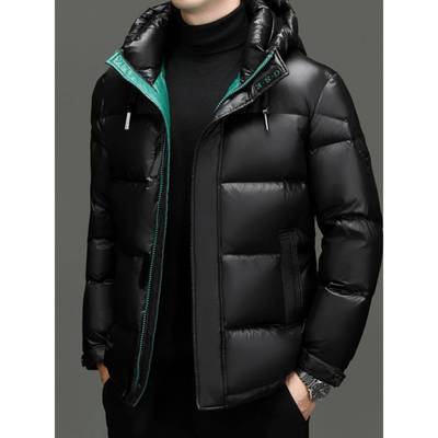 连帽亮面羽绒服男冬季新款90白鸭绒加厚短款男士黑金保暖休闲外套