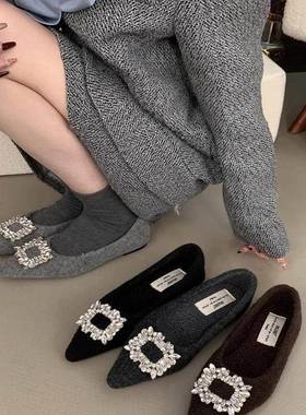 潮牌高级灰色毛毡水钻方扣尖头毛毛鞋女2025秋冬新款平底加绒单鞋
