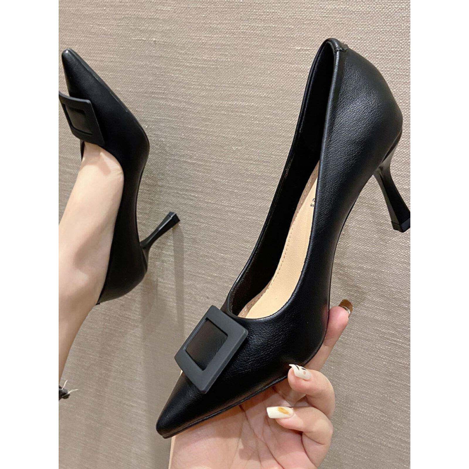 a·d·赫本~方扣高跟鞋女式软皮尖头细高跟鞋专业工作鞋女式黑色