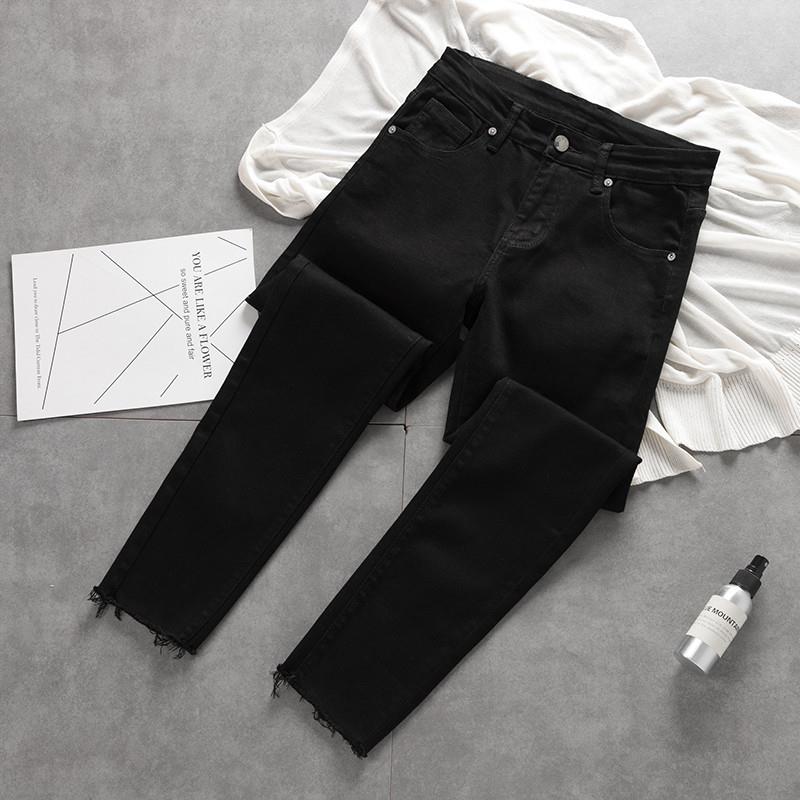 春夏季韩版新款黑色毛边九分裤牛仔裤男士百搭修身弹力破洞烟管裤