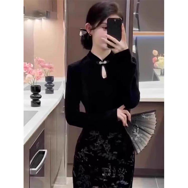 欧洲站秋装女2025新款新中式国风女装黑色旗袍修身显瘦长袖连衣裙