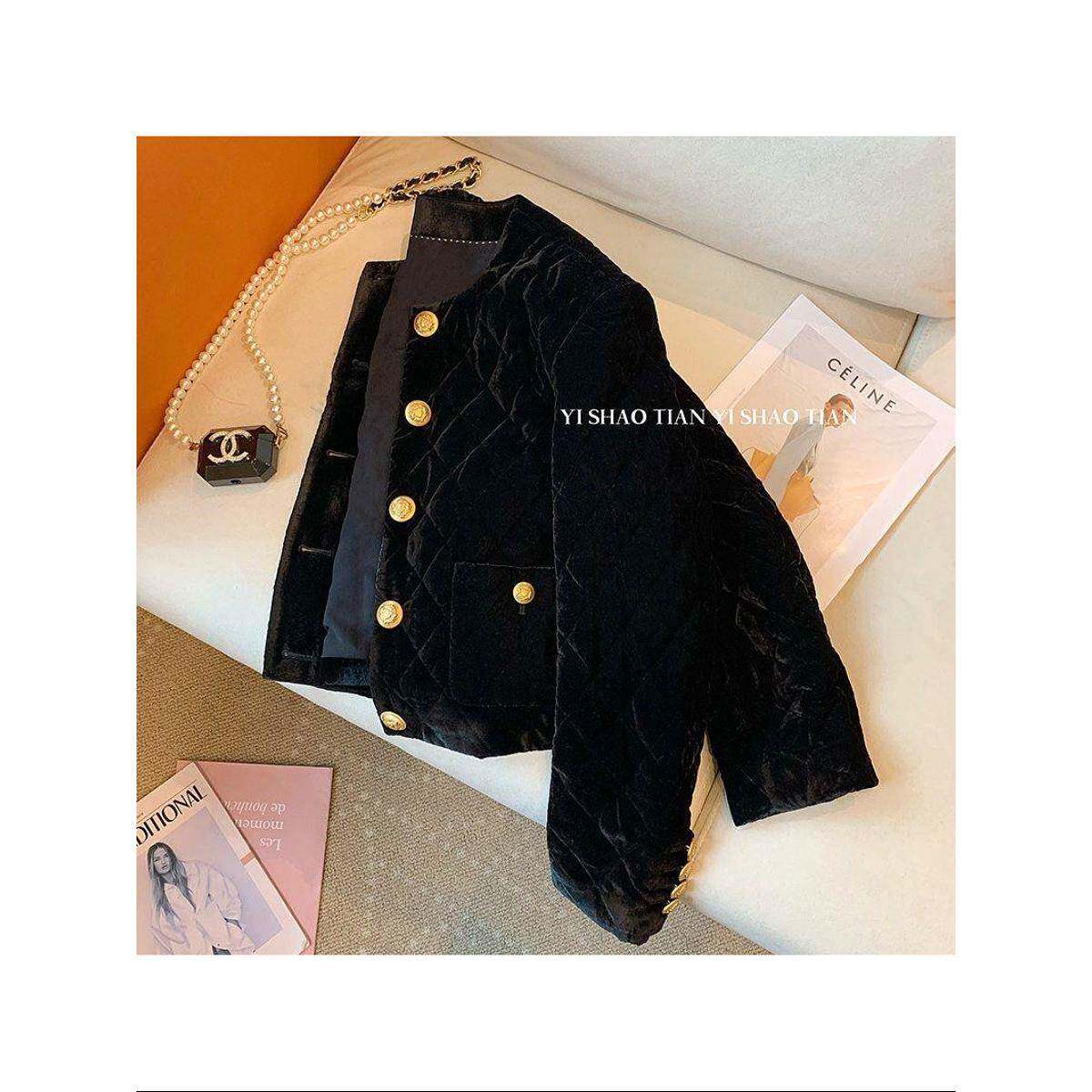 韩国高级感气质小香风黑色丝绒棉服女秋冬新款时尚菱格夹棉短外套