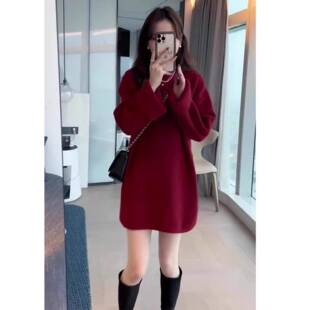 欧洲站2024年秋冬新款圣诞毛衣裙子慵懒风新年红色针织连衣裙短款