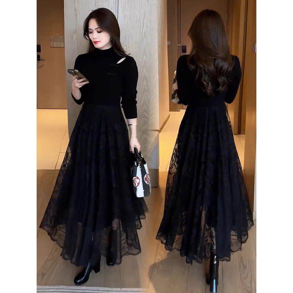 香港代购时尚洋气打底连衣裙女秋冬新款中长款感蕾丝拼接针织裙子