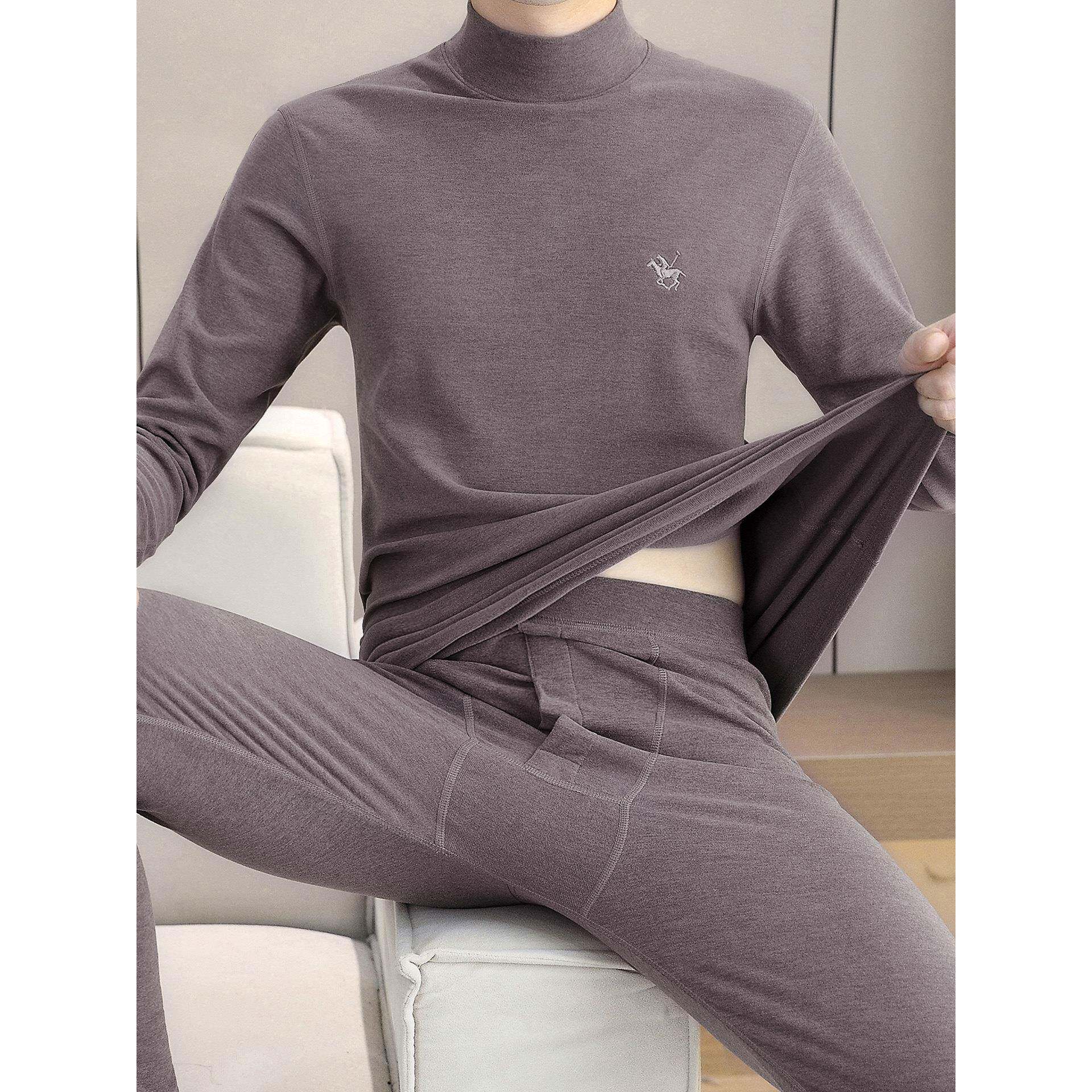 MAROLIO~高档半高领德绒保暖内衣男秋冬加厚加绒打底秋衣秋裤套装