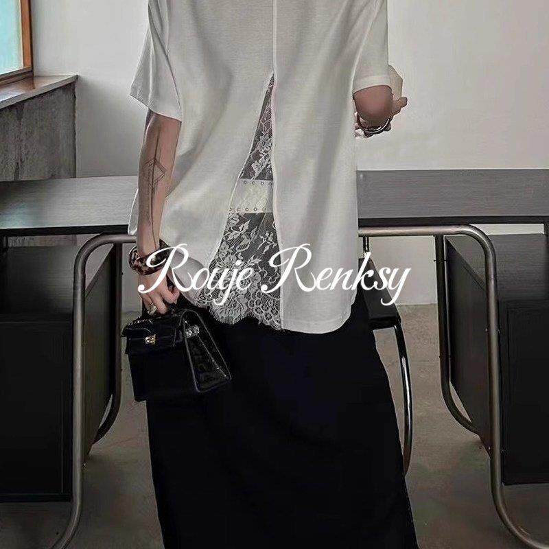 法国Rouje Renksy法式蕾丝拼接V领短袖T恤女夏白色宽松显瘦百搭
