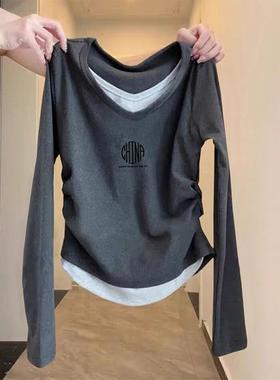 韩国2025纯棉V领假两件长袖t恤女装收腰修身显瘦深灰色上衣秋冬季