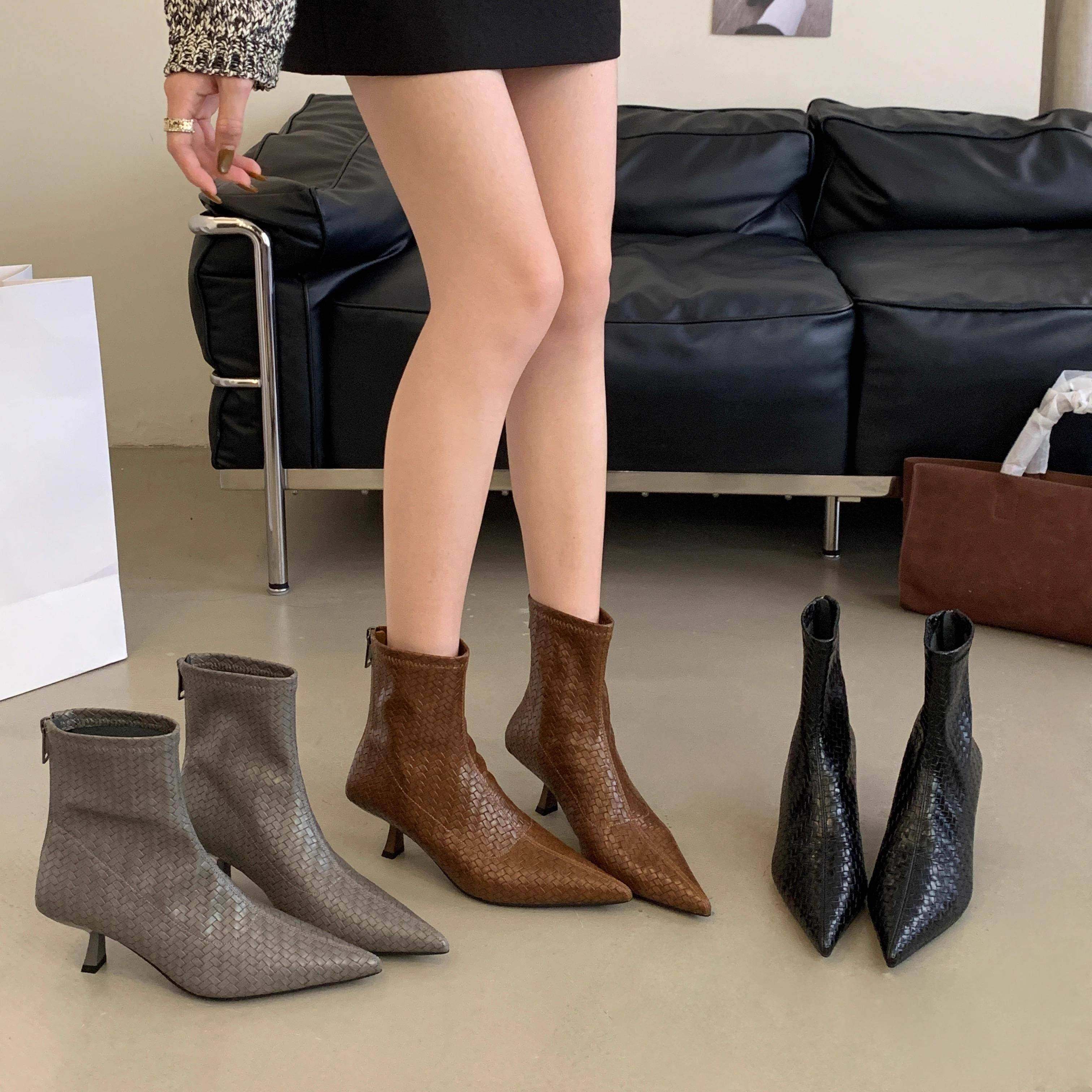 香港2025年冬季新款细跟编织尖头时装靴女鞋低跟靴子瘦瘦靴及踝靴,女鞋,时装靴,淘宝优惠券,粉丝福利购,淘宝优惠卷