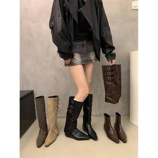 香港内增高小众覆古短靴女秋冬2025新款 英伦风长筒骑士靴两穿靴子
