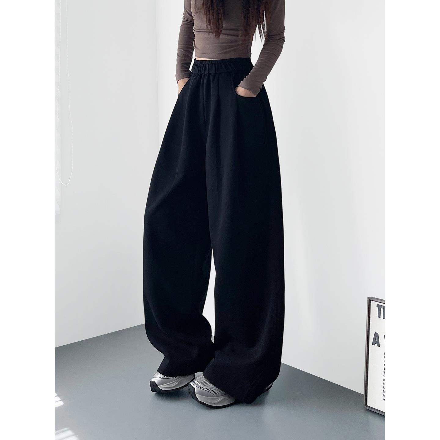 韩国大码黑色卫裤奶芙阔腿裤女秋冬季慵懒风松弛感加绒运动休闲裤