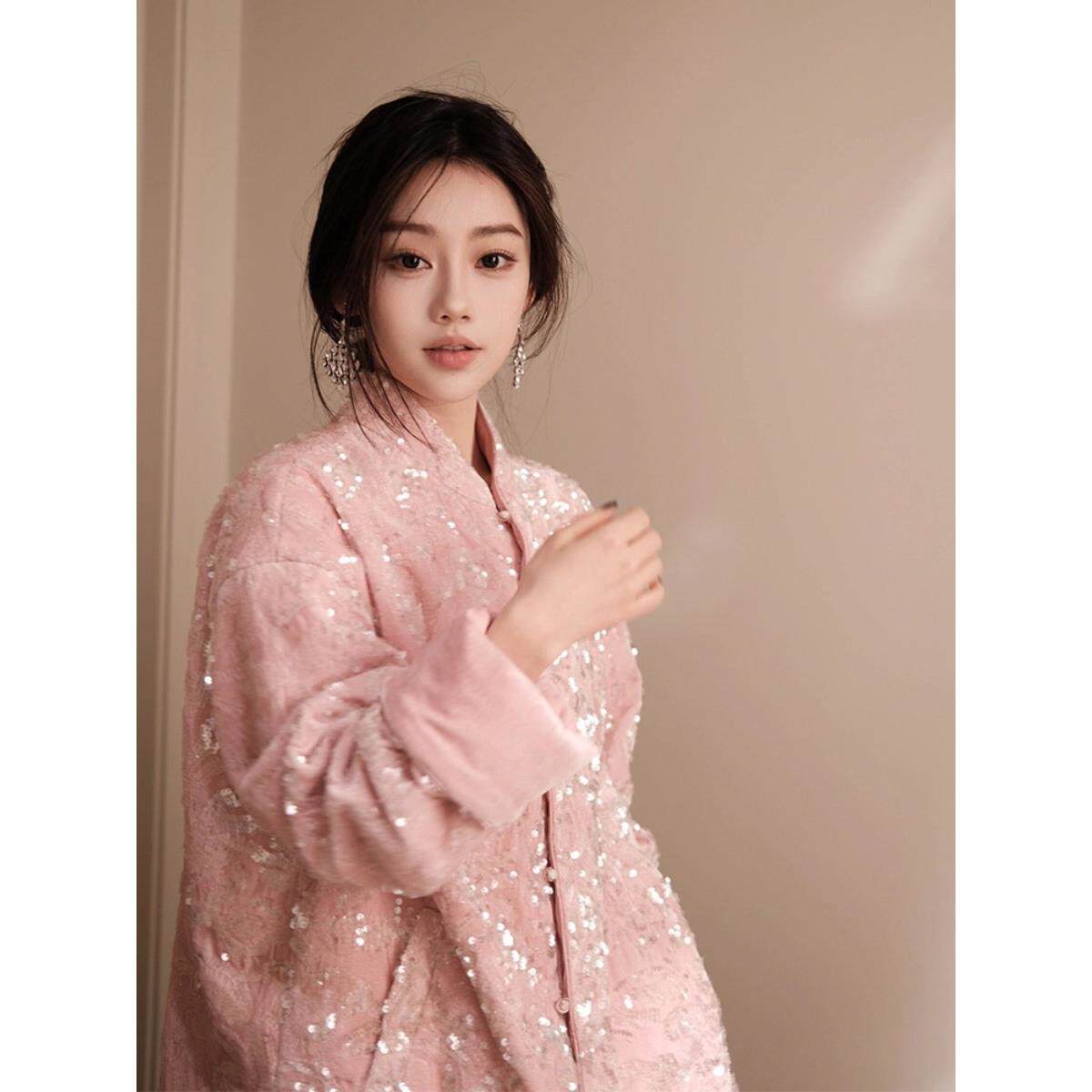 专柜2025冬新款粉色亮片国风新中式外套女设计感减龄宽松棉服上衣
