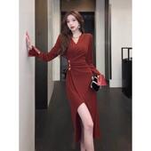 新款 Ocnltiy高端精致性感法式 连衣裙女秋冬季 简约百搭宴会晚礼服