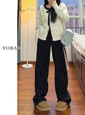 韩国Honey koko⭐黑色波点休闲裤女秋季新款高腰大码显瘦阔腿裤子