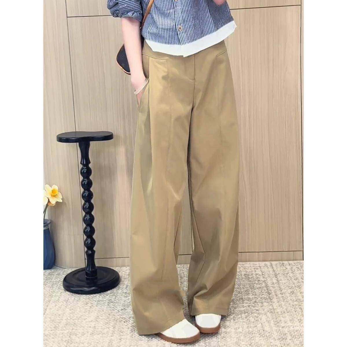 卡其色直筒裤女2025春秋新款小个子美式复古气质休闲阔腿西装长裤